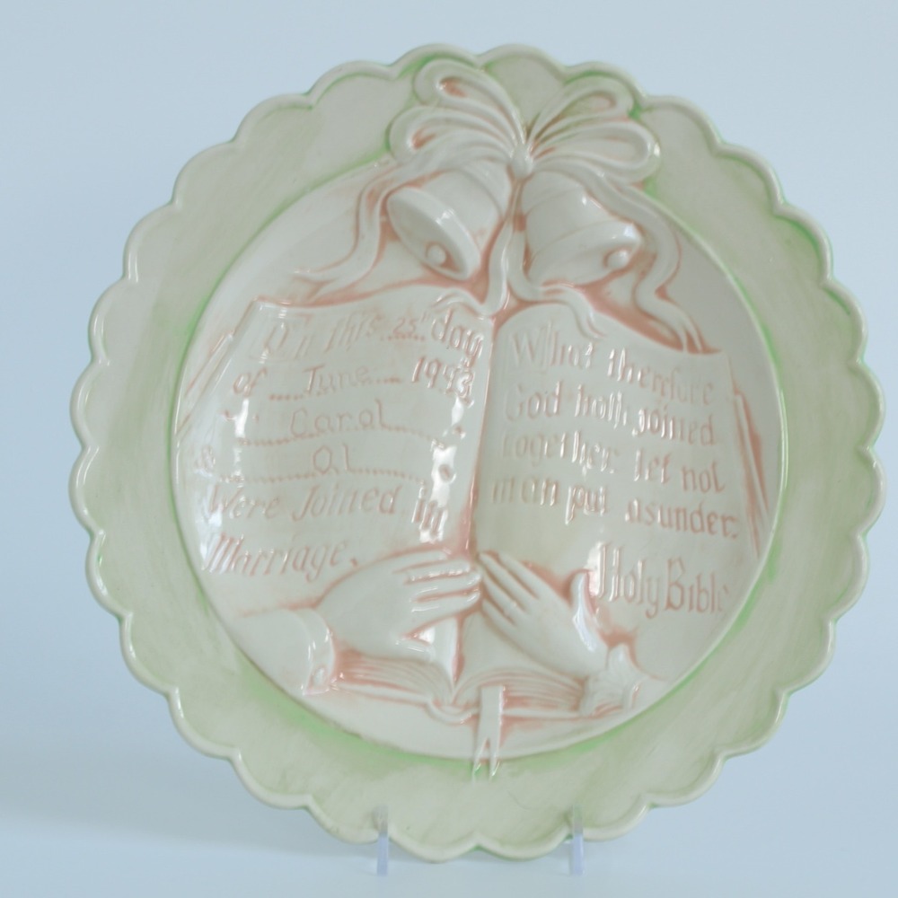 Gare Inc Vintage Ceramic Wedding Commemorative Plate Holy Bible Green Pink 9.5"